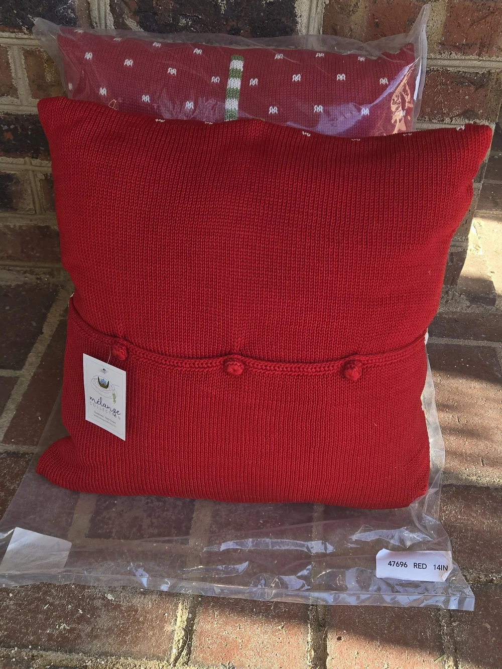 Melange Red Knit Holiday Pillow with Green and White Ribbon Bow